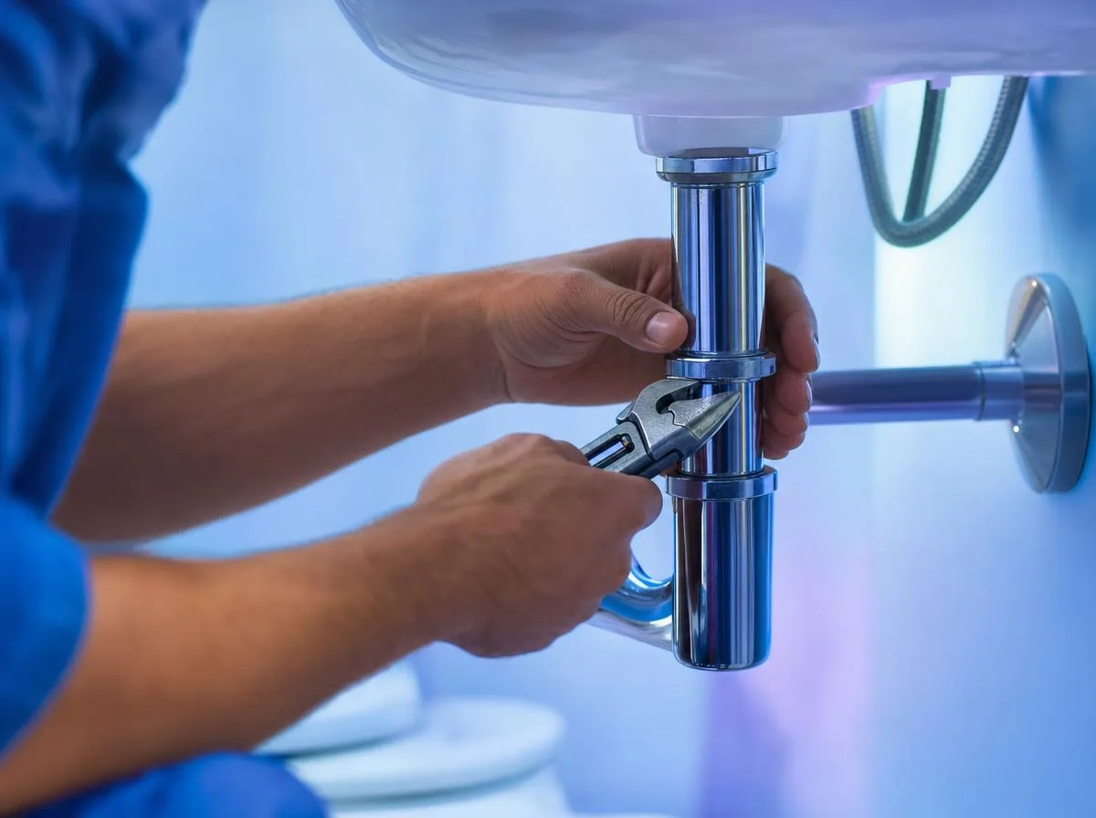Fontanero reparando una instalación bajo un lavabo en Cieza